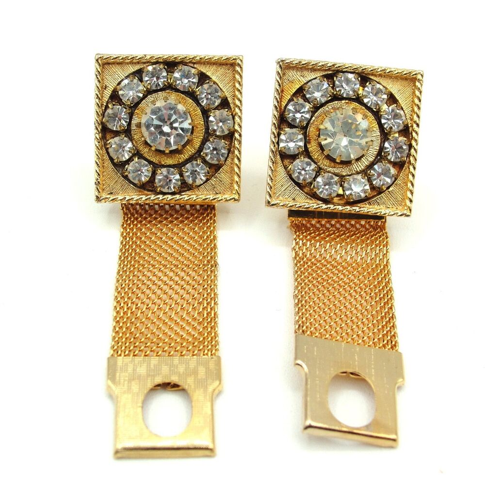 Vintage SWANK Gold Square Rhinestone Mesh Wrap Around Cufflinks Mid Century Glam